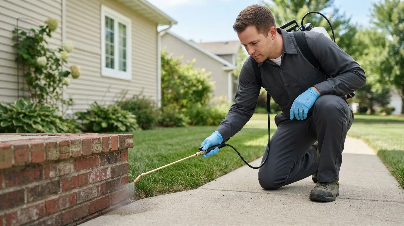 Pest control technician treating a home near Birmingham, NJ